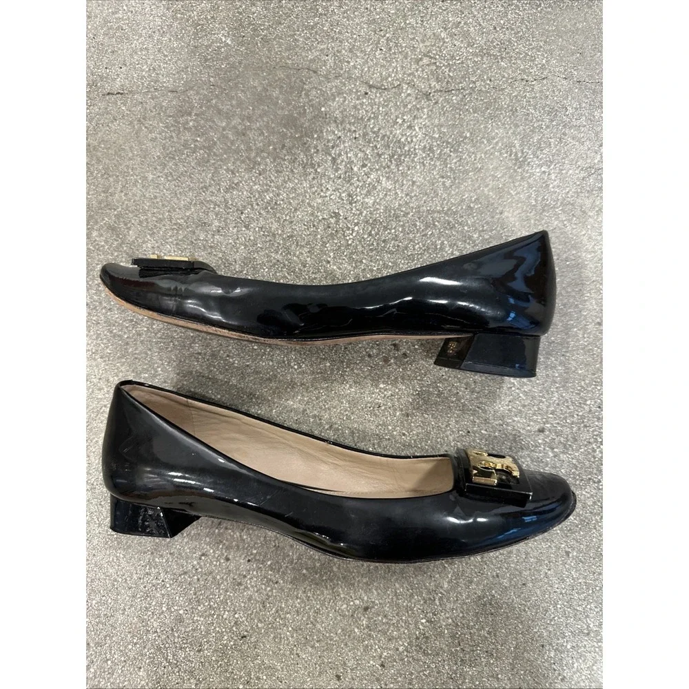 Tory Burch Heels Black Size 9M Patent Leather Gigi Block Pumps Gold Round Toe
